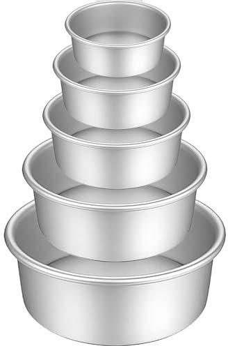 HQILRRA Set di 5 teglie rotonde profonde, antiaderenti, in alluminio anodizzato, con rivestimento antiaderente e fondo rimovibile per cottura, compleanni, matrimoni (12,7 cm/15,2 cm/17,8 cm/20,3
