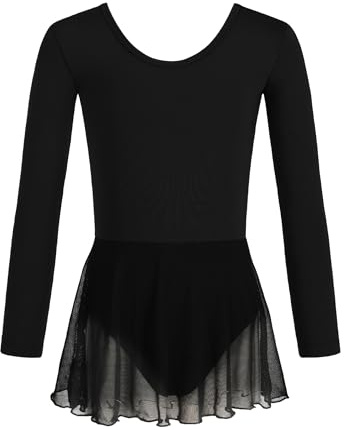 Girls Classic Long Sleeve Ballet Leotard Skirt Dance Dress, Black, 3-4T