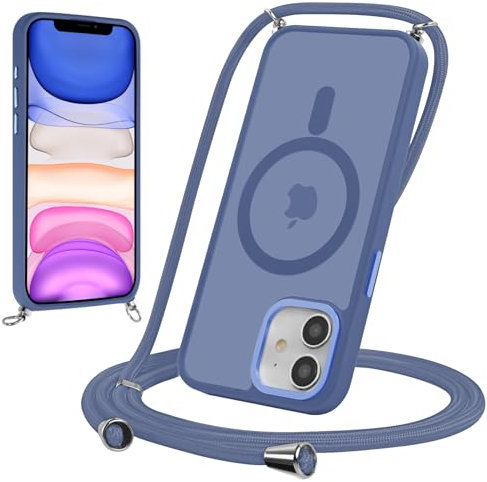 Yoedge Magnetische Handyband für iPhone 12/iPhone 12 Pro 6,1 Hülle mit Band, Handyhülle Kompatibel mit MagSafe, Transluzente PC + TPU Stoßfest Schutzhülle mit Abnehmbar Kordel zum Umhängen Case,Blau