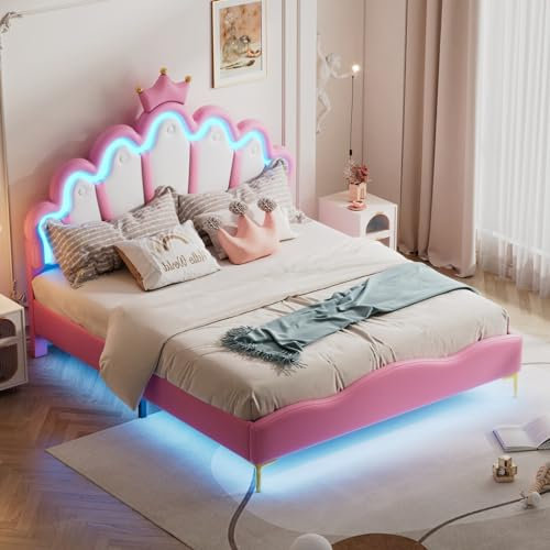 Sweiko Lit d'enfant, Cadre de lit de Princesse en Forme de Couronne, lit Double avec revêtement en Cuir PU Souple, Bande Lumineuse LED éco réglable (Rosa, 140 * 200cm)