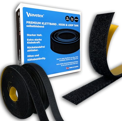 Wavetex® Klettband selbstklebend schwarz extra stark mit Acrylatkleber, Rolle zu 5m Länge, 20 mm breit, im Set bestehend aus Hakenband und Flauschband, Temperaturbeständig von -40 °C bis +100 °C