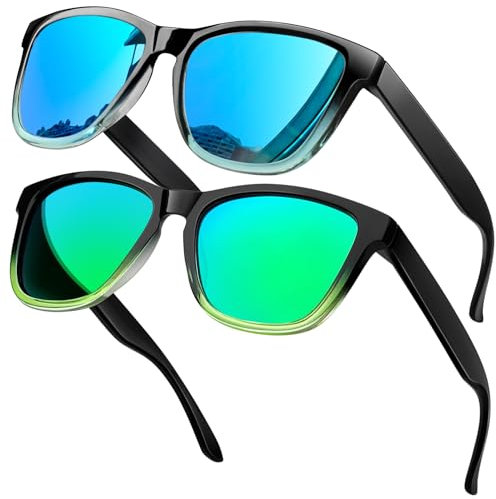 KANASTAL 2 Packs Green Sunglasses Mens Polarised Blue Mirrored Retro Womens Square Retro Polarized Cool Ladies UV400 Protection - Blue Lens + Green Lens