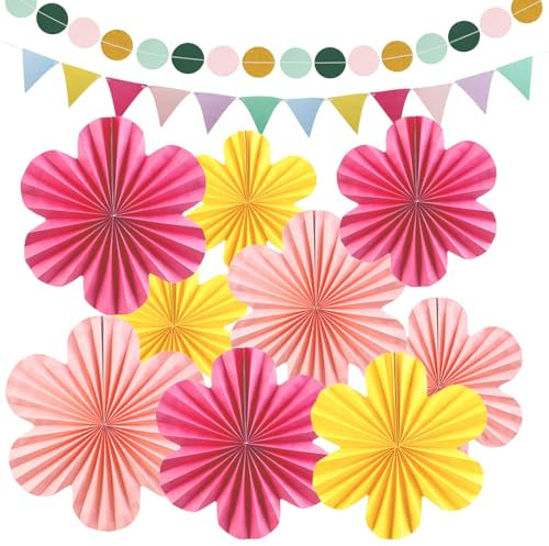 11Pcs Paper Decorations Set, Paper Flowers Fans with String Polka Dot Triangle Bunting Flags, Party Hanging Fan Decorations for Birthday Parties Wedding Baby Shower (Style 2)