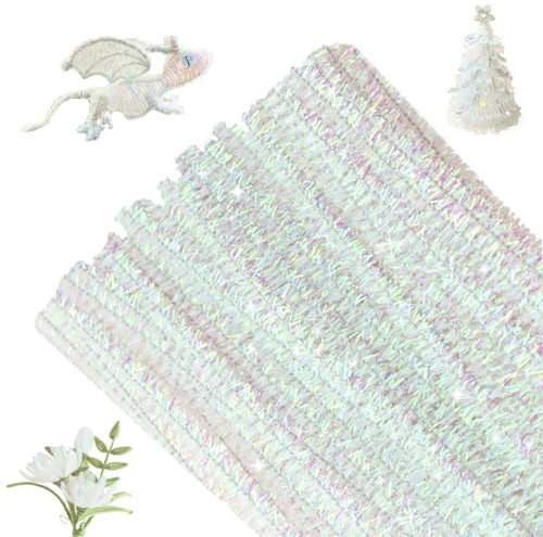 G2PLUS Weiß Glitzer Pfeifenreiniger Weihnachten 6 MM, 100 Stück Pfeifenputzer zum Basteln, 30CM Irisierende Chenilledraht, Lang für Basteln, Weihnachtsdeko, DIY