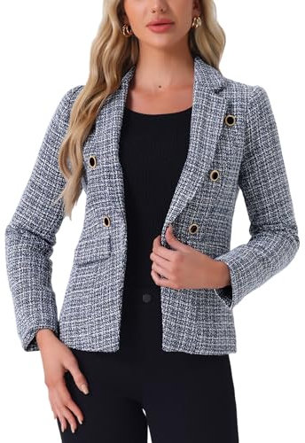 Allegra K Manteau de Veste en Tweed à Carreaux élégant à Manches Longues pour Femmes Bleu Noir L
