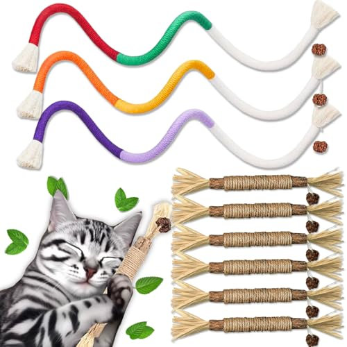 DEEMEIS Katzenminze Sticks, 6 Stück Katzenminze Sticks, 3 Stück Katzen Spielzeug Beißseil 70 cm Katzenspielzeug Beißseil, Spielzeug für Katzen, Kausticks Interaktives Katzenspielzeug, Dental Kau
