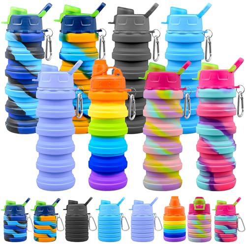 8 Pack Collapsible Water Bottles, 16 oz Travel Water Bottle Silicone Foldable Water Bottles, Portable Sport Water Bottle Reusable Leakproof Water Bottle Bulk for Travel Camping Hiking (Mixed Color)