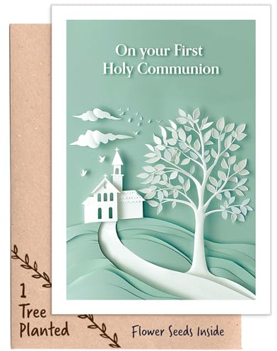 First Communion Card - Recycled First Holy Communion Cards for Girls, Boys, Gender Neutral with Tree Planting Gift and Plantable Flower Seed Token Inside - 3 in 1 Eco Communion Gifts