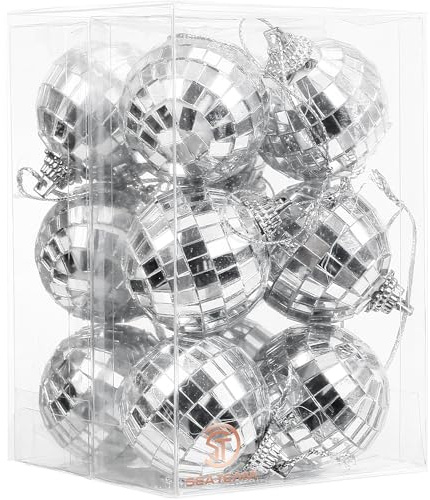 Sea Team 12 Stück 4cm/1.57 Zoll Silberne Spiegel-Discokugeln Weihnachtsbaum-Baumbehang - Perfekt für Weihnachtsdekorationen, Baumornamente, Discoparty-Dekorationen.