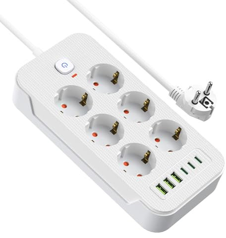 Steckdosenleiste mit Schalter, AOUOO 6 Fach Mehrfachstecker mit Verlängerungskabel 2M, 3USB/3Type-c (5V/3.1A), Max. 250 V / 16A, Steckdosenleiste Überspannungsschutz 3840W/16A für zu Hause, Büro Weiß
