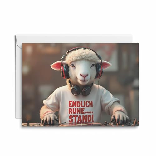 Kartenkaufrausch Einzel Grusskarte zur Rente inkl. Umschlag und Einleger mit Party-Schaf Endlich Ruhe..stand: Lustige Karte für Kollegen und Freunde, die ihren Ruhestand mit Humor feiern.