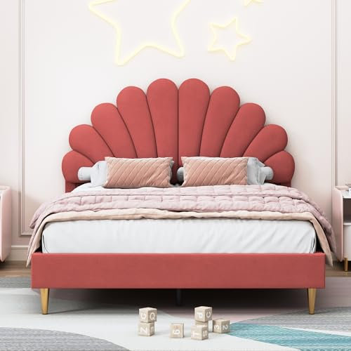 LONELYO Polsterbett, 140 x 200 cm, Bett 140 x 200 cm, mit Lattenrost aus Samt, rot, Doppelbett aus weichem Samt, Kopfteil in Blütenblattform, goldene Füße, modernes und elegantes Design