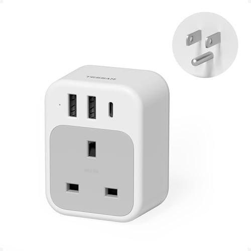 UK to US Plug Adaptor, TESSAN USA Travel Adapter with USB C and 2 USB A, 4 in 1 Travel Adaptor, American Plug Adapter from UK to Mexico, Canada, Thailand, Bahamas (Type B)