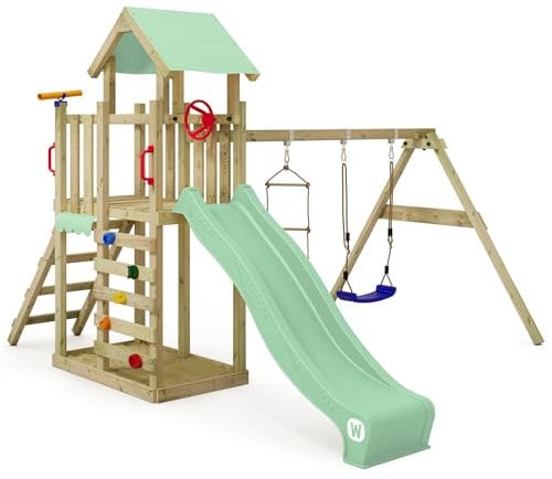 Wickey Spielturm Klettergerüst MultiFlyer Light, Schaukel & pastellgrüner Rutsche, Outdoor Kinder Kletterturm mit Sandkasten, Leiter & Spiel-Zubehör für den Garten