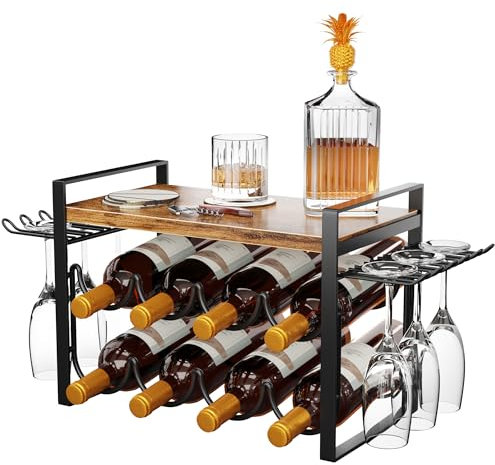 Wine Rack with Solid Wooden Shelf, Wine Bottle Rack for Cupboard Home Bar, Small Wine Bottle Holder 8 Bottles & 6 Glasses, Wine Glass Storage for Kitchen, Cabinet, Bar, Free Standing(40x21x31cm)