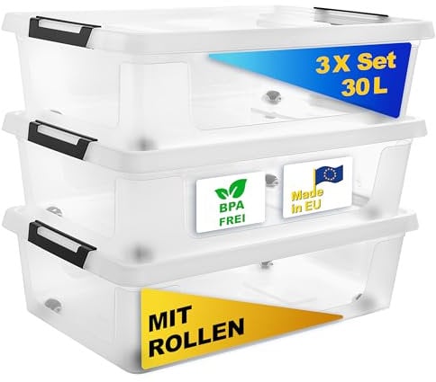 Gardissimo 3 er Set Aufbewahrungsbox mit Deckel und Rollen Clip 30 Liter, Kunststoff Boxen Stapelboxen Plastik, MADE IN Europe, Clip-Verschluss, BPA-frei transparent/durchsichtig