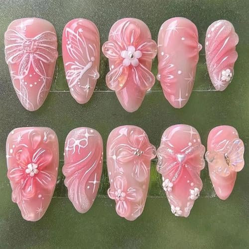 GlamRays 24 Piece Handmade Sticker Nails, Pink, Medium Almond False Nails with 3D Floral Design, Water Wave, Adhesive Nails, Bow, Butterfly