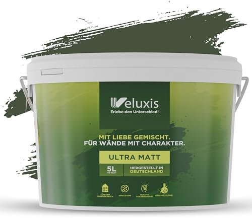 Veluxis® Wandfarbe Grün für den Innenraum - 5 Liter & Deckkraft-Klasse 1, Streifenfrei, tropfarm & Öko Farbe, VOC-frei - (Zippy Zucchini)
