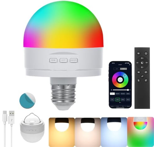 Rechargeable Light Bulbs With Remote and APP Control,Smart E27 LED Dimmable CCT+RGB Light Bulb,5W USB Charging Bulbs With Magnetic,3500mAH,Outdoor Emergency Light With Hook,Timing Function,1Pack