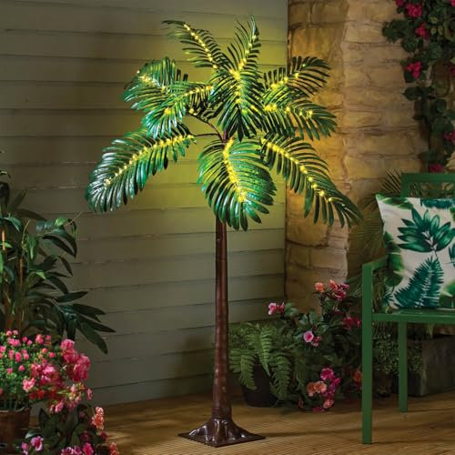Coopers of Stortford - Solar Light-Up Palm Tree – 120 Warm White LEDs – Tropical Garden Décor with Ground Stakes – H120cm, 2m Cable