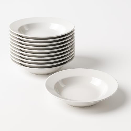 KURIL Pack de 12 Platos Hondos de Porcelana Blanca – Ø 22 cm Aprox – Aptos Lavavajillas y Microondas – Uso Diario, Cocina Profesional y Hogar