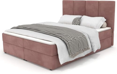 Muralo - Boxspringbett 140x200 cm - Polster-Bett mit Stauraum und Bonell-Matratze H4 - Doppelbett mit gepolstertem Kopfteil - Altrosa