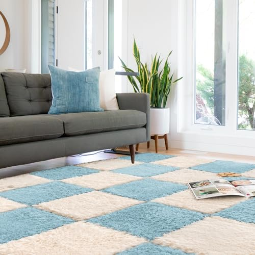 10pcs Carpet Squares Puzzle Floor Mat,30x30cm Plush interlocking Carpet tiles Anti Slip EVA Foam Puzzle rug for kids,Build A Safe Area for Bedroom,floor,Nursery, Playroom (Beige & blue)