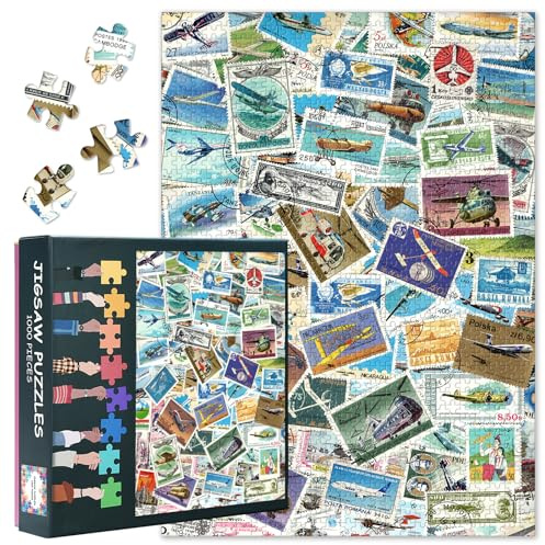 Airplanes and Aviation Puzzles for Adults 1000 Pieces, Used Stamps From Around the World Puzzle, Impossible 1000 Piece Jigsaw Puzzles for Home Wall Decor, 19.5 x 27.5 Inch