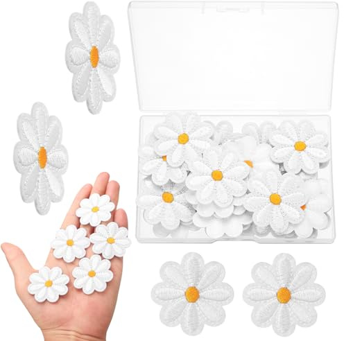 30 Stück Aufbügelflicken Gänseblümchen Weiß Bestickte Patches | Langlebig und waschbar, starke Haftung, einfache Anwendung, weiche Kanten; für Hut Jeans Kleidung Rucksäcke DIY