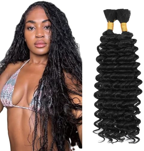 Tuheerst Human Hair Extensions For Boho Braids 26 26 Inch #1B Natural Black Color Deep Wave Knotless Unprocessed Human Hair Braiding For Woman 50g/Bundle Total 100g