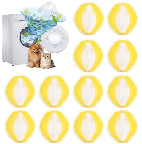 12Pcs Pet Hair Remover for Laundry - Yellow Laundry Balls, Reusable Lint Catcher Washing Machines Animal Fur Clothes Hamper Hair Remover for Laundry Bedding Clothes
