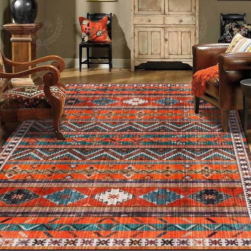 Softlyle Teppich Wohnzimmer 120 x 180 cm Teppich Waschbarer Kurzflor rutschfest Weich für Schlafzimmer Küche Esszimmer Büro Retro geometrischen ethnischen Stil grün orange