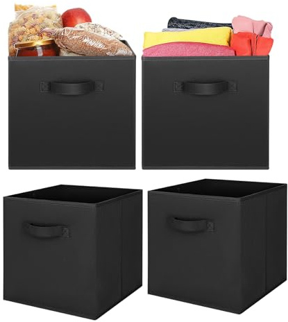 4 Pack Collapsible Fabric Storage Cubes 27x27x28cm Foldable Organiser Bins with Handles for Wardrobe Kallax Units & Shelves Open-Top Storage Boxes for Clothes Toys & Home Organisation (Black)