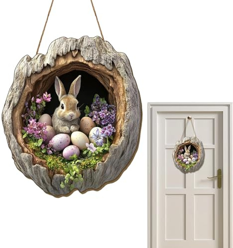Osterhase Türschild 2D aus Holz, 30cm Osterdeko zum Aufhängen, Bunt Türdeko Frühling, Easter Decoration Eingangstür, Türschmuck Willkommen für Haustüren, Wände, Fenster