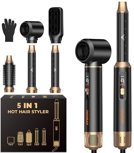 OKWRAP LCD Haarstyler Hairstyler 5 in 1 Hair Styler Set MitLockenstab Luft | Haarstyler Mit Rundbürstenföhn Warmluftbürste Föhn Lockenstab Luft Hair Styler Set Für Glätten Trocknen Volumen Locken