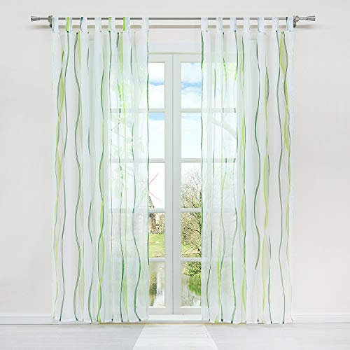 HongYa 1er-Pack Voile Gardine Transparenter Vorhang mit Schlaufen Wellen Druck H/B 175/140 cm Creme Grün