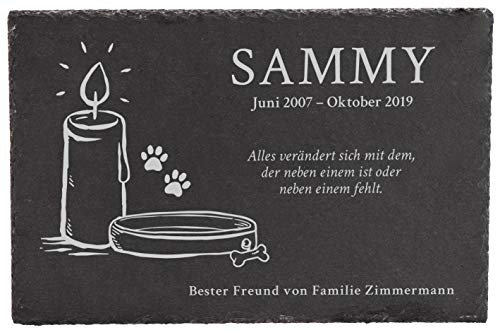 LAUBLUST Grabstein Hund - Gedenktafel Personalisiert mit Wunschtext - Trauerkerze Motiv | 3 Größen - Schiefer
