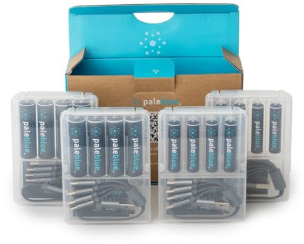 USB Rechargeable Smart Batteries by Pale Blue, Lithium Ion, Under 90 Minute Charge Time, Over 1000 Cycles, 4-in-1 USB to USB-C Charging Cable, LED Charge Indicator (8 AA and 8 AAA Batteries)