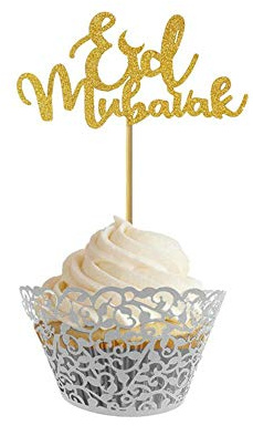 Aeromdale Glitzernde Kuchendekoration Eid Mubarak Party Ramadan Dekor Cupcake Topper Muslim EID Cupcake Flaggen Kuchen Dekor - # A - 10 Stück