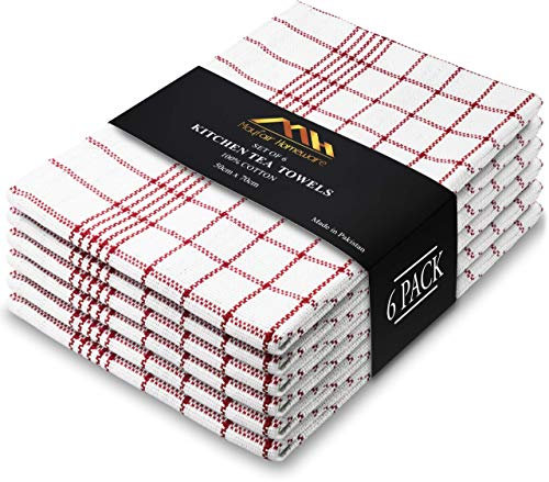 Mayfair Homeware Tea Towels Pack of 6 Pure Cotton Dish Cloths Super Absorbent and Fast Drying Kitchen Tea Towel 50x70 cm Tea Towels for Kitchen Set of Lint Free Cloth Red and White