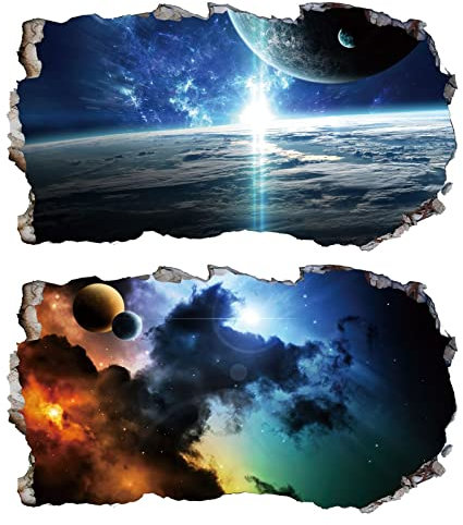 2Pcs Weltraum Erde Planeten Space Wandtattoo 3D Effekt V03 Wandsticker XXL Wanddurchbruch Fenster Wandaufkleber Universum Sterne für Kinderzimmer Jungenzimmer Groß 1000mmx580mm