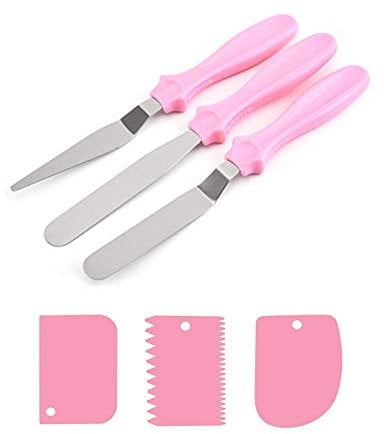 TSHAOUN Icing Spatulas Set 3 Pcs Stainless Steel Spatulas with 3 Pcs Plastic Cake Scrapers for Cream Spreading Cake Decorating, Frosting Pastries, Cupcake (Pink)
