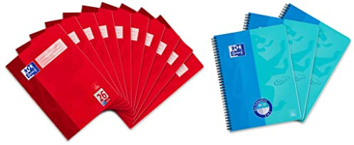 Oxford 384403226 Schule Schulheft A4 kariert, mit Rand, Lineatur 26, 32 Blatt, rot, 10er Pack & DUO 400135400 Collegeblock A4 kariert und liniert kombiniert in einem Block, blau, 3er Pack