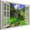 Feeby Quadro Tela Non Tessuta Finestra Aperta Illusione 3D 90x60 cm Foto Stampa Moderna Pronta Per Essere Appesa Ruscello Colline Mulino blu