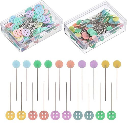 CENPEK Lot de 200 épingles à coudre à tête plate avec boîte de rangement, couleurs assorties, en forme de fleur, épingles à coudre droites pour projets de bricolage, couture, décoration de bijoux