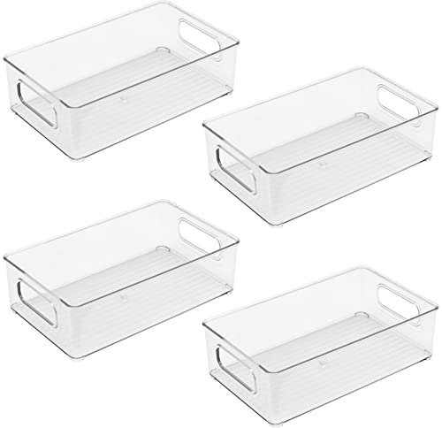 HEIHAK Set of 4 Clear Fridge Organisers Bins, 25.5 x 15 x 7.6 cm Stackable Storage Organiser with Handle, Plastic Kitchen Pantry Organiser Boxes Storage Container for Refrigerator, Pantry, Cupboard