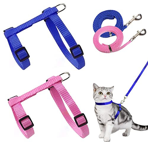 2 Stück Verstellbare Nylon Geschirre Katzenleine, Blau Rosa Geschirre Katzenleine Kätzchenhalsband,Weiche Katzengeschirr mit Leine für Kätzchen Welpe