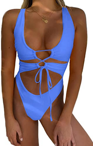 CHYRII Maillot de bain une pièce sexy à lacets et dos nu pour femme, bleu indigo, Taille S