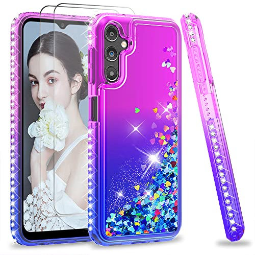 LeYi Strass Glitter Hülle für Samsung Galaxy A14 5G Handyhülle und 2*Hartglas Folie, Glitzer Flüssige Diamant Cover Bling Wasser Stoßfest Schutzhülle Glitzent Case Handy Hüllen Mädchen Lila Blau