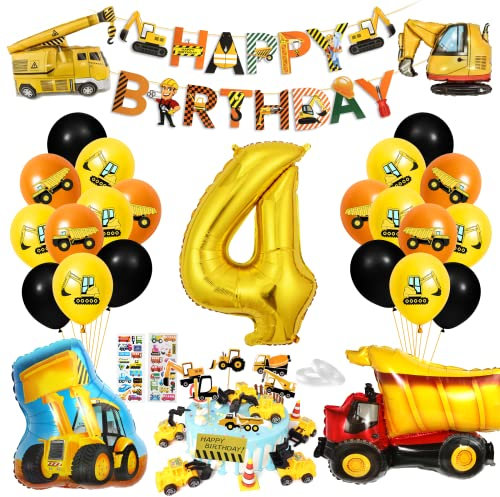 Bagger Deko Kindergeburtstag 4, Baustellen Geburtstagdeko Junge 4 Jahre, Bagger Luftballons Geburtstag, BAU Party Dekoration, 4 Folienballon für 4 Jahre Junge Geburtstag